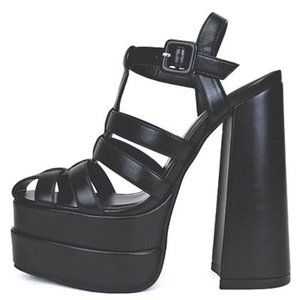 New Black Huarache Double Platform Chunky Heel Pumps